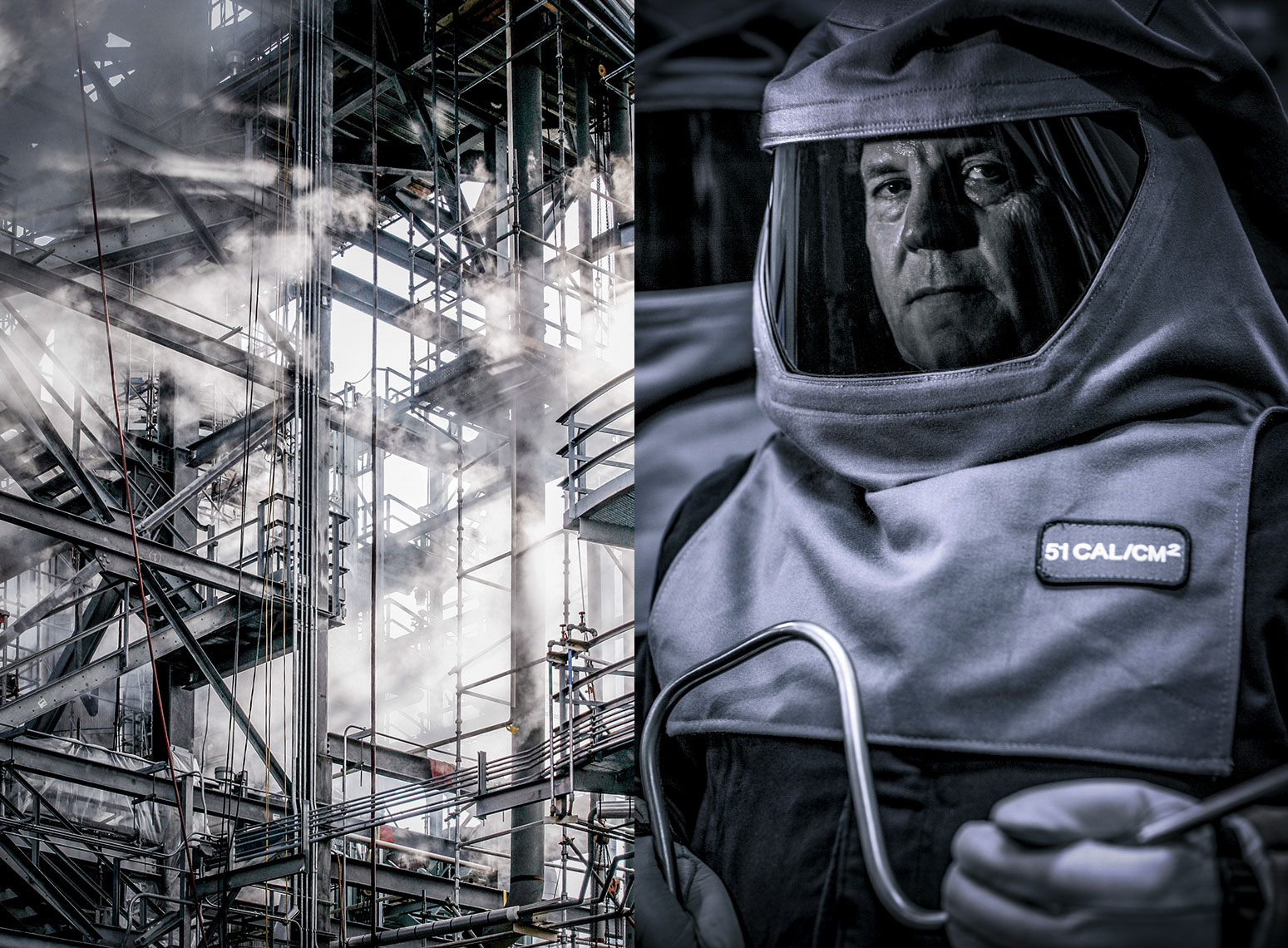 Industrial electrician suited up in a high voltage protection suit before starting operations.